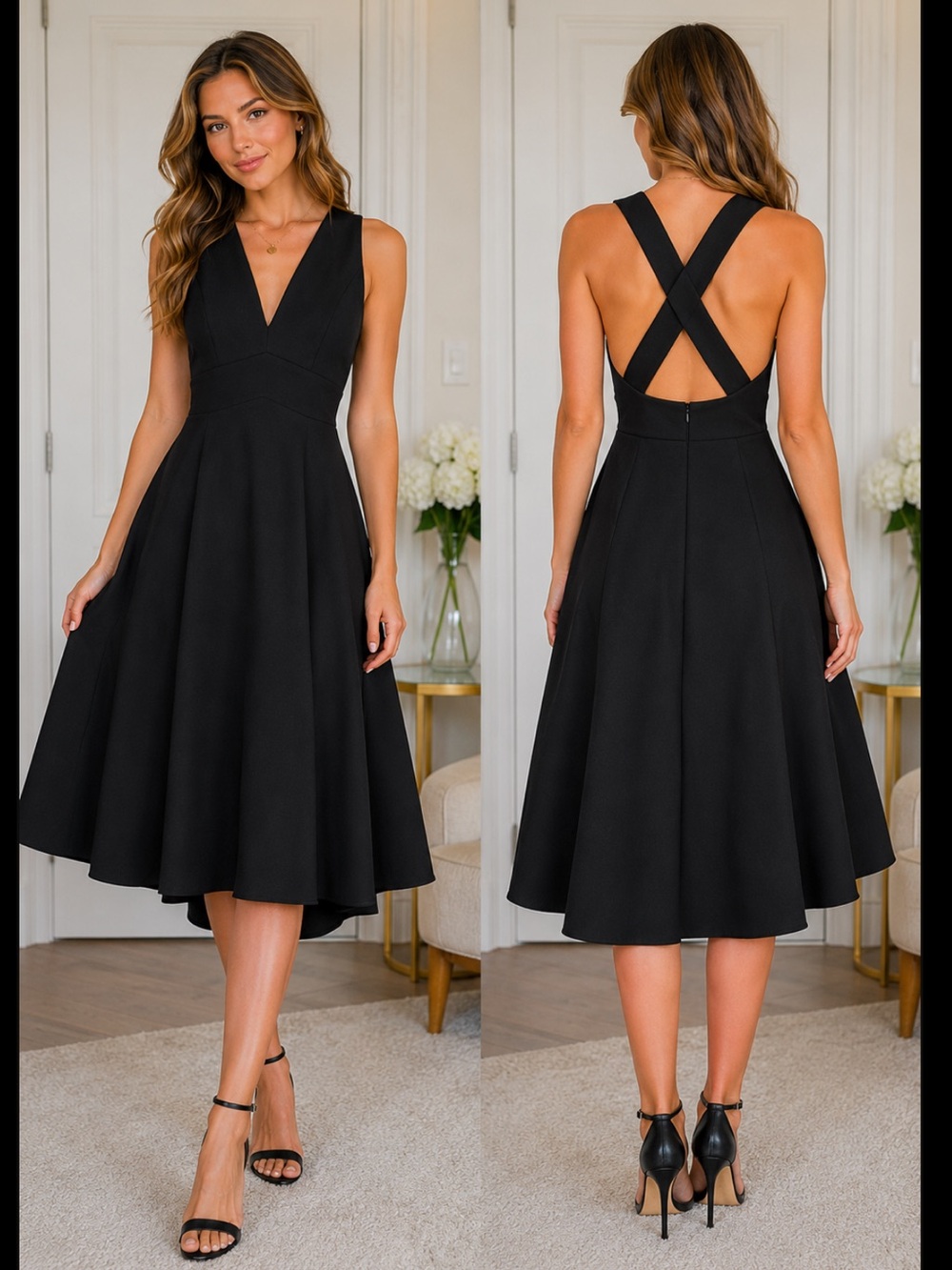 NWT Quiz Deep V-Neckline Black Scuba Midi Dress Cross-Back Straps Slimming